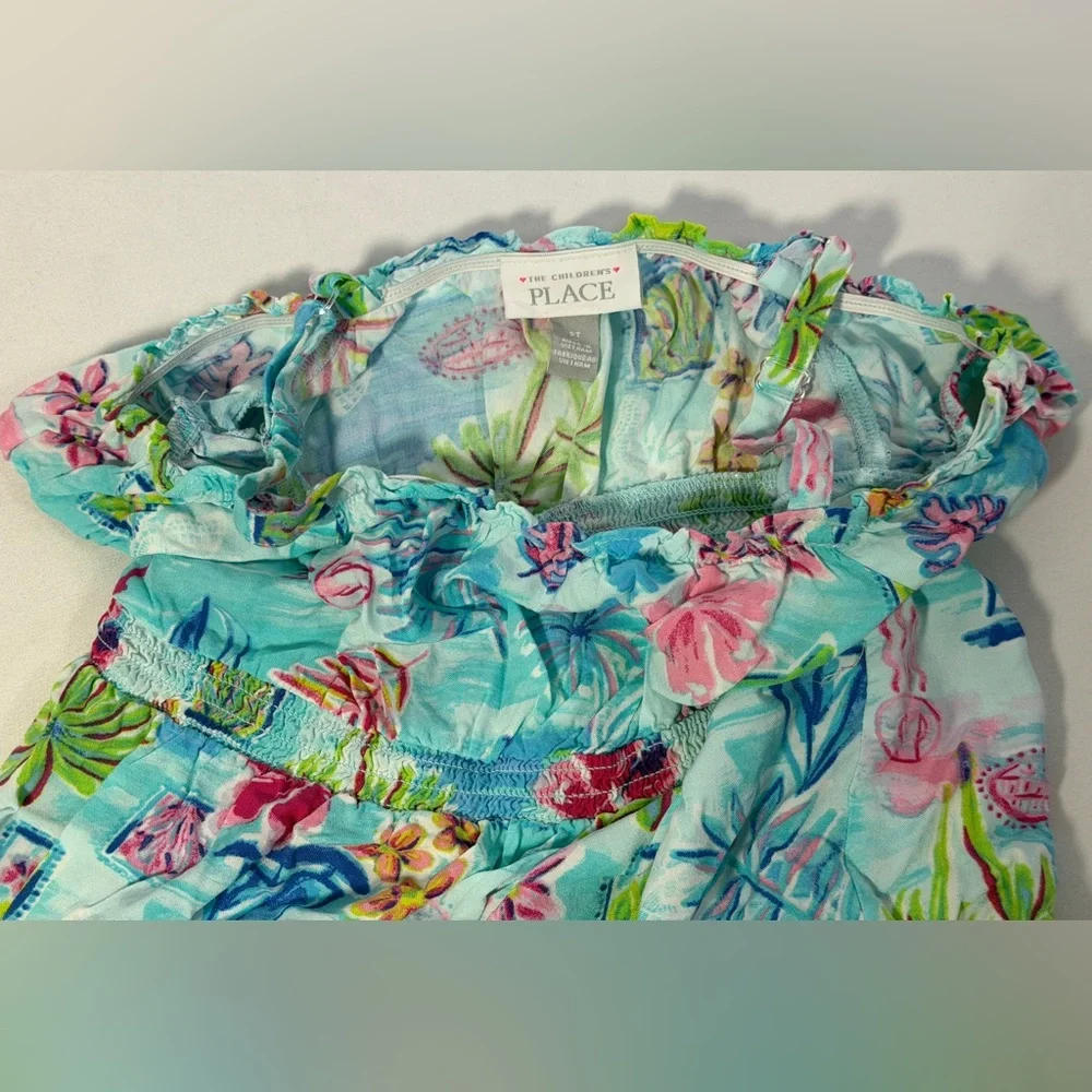 Girls 5T Tropical Dress The Children’s Place Blue Floral Sundress Off Shoulder - Picture 11 of 13